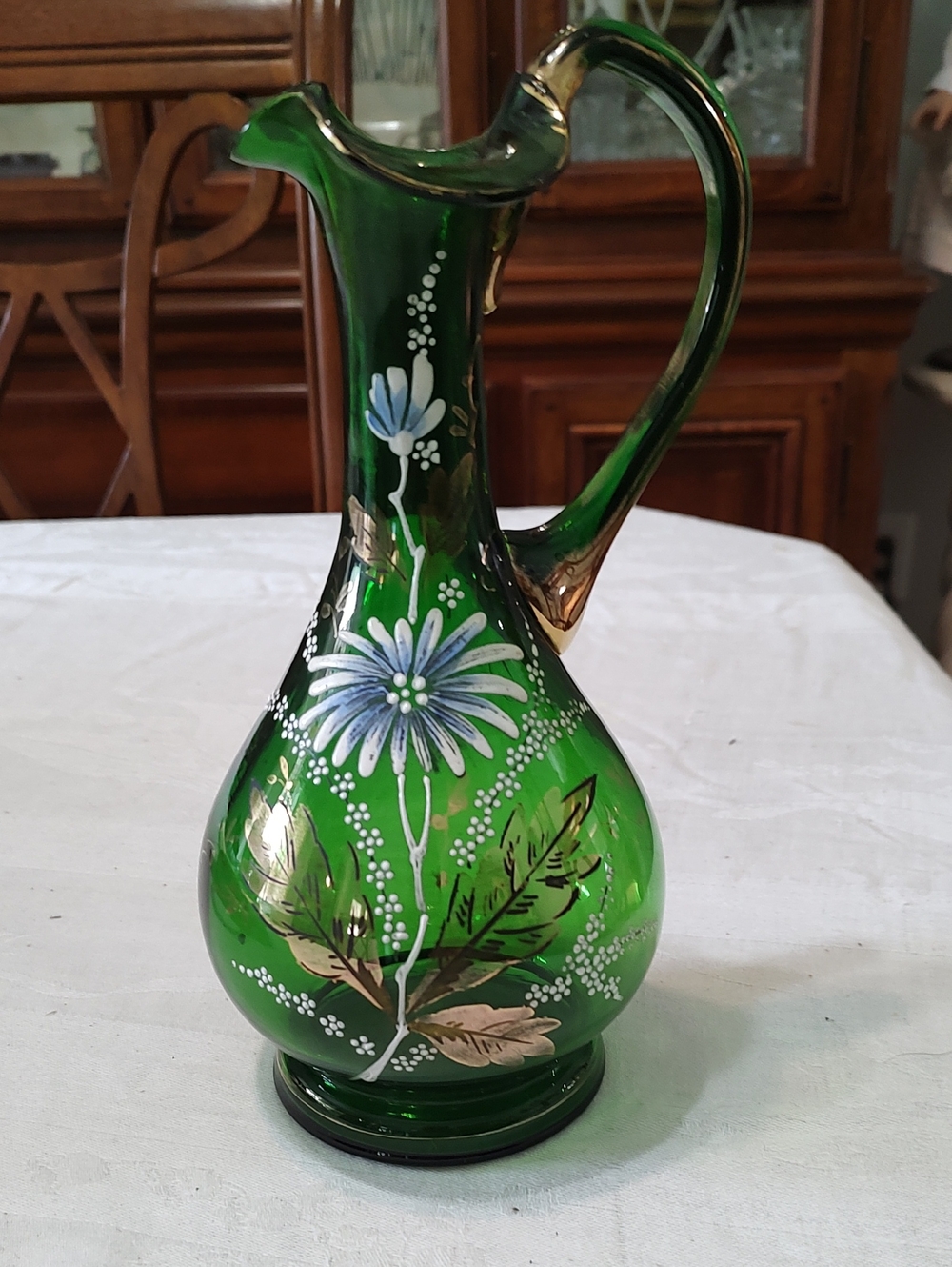 Hand-Painted Dark Green Floral Glass Pitcher Vase